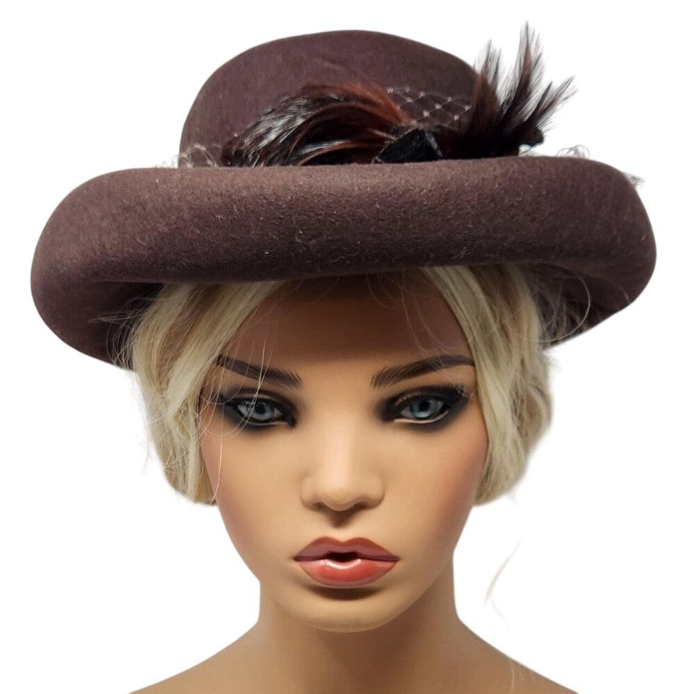 Vintage‎ Brown Wool Felt Meril Hat With Feathers & Netting, Kentucky Derby Hat